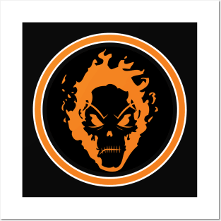 Evil Flaming Orange Skull Halloween icon Logo Posters and Art